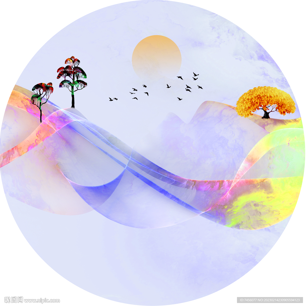 水墨山脉艺术圆形挂画装饰画