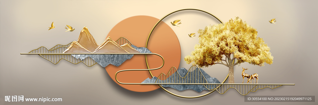 麋鹿金色山水床头画图片