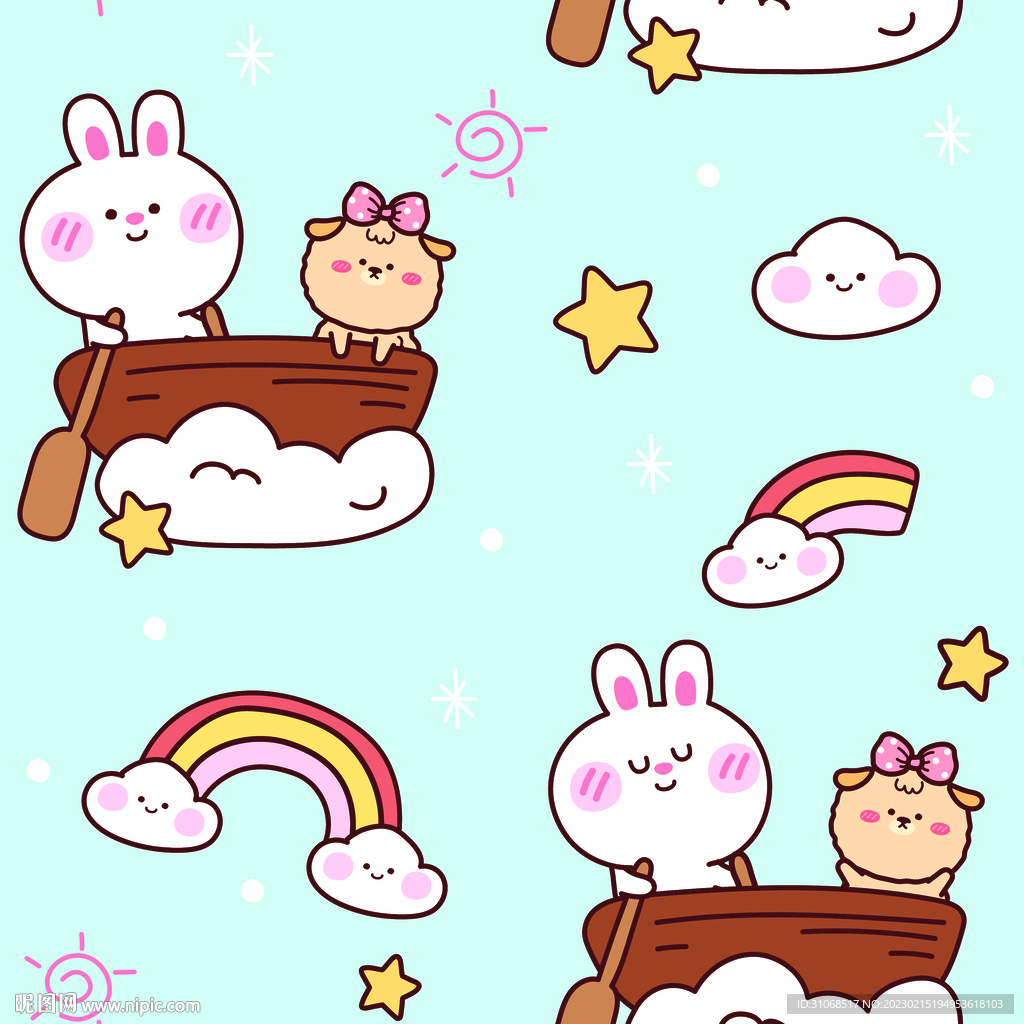 划船粉色兔子彩虹云