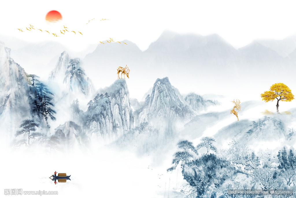 新中式意境蓝色水墨山水背景墙