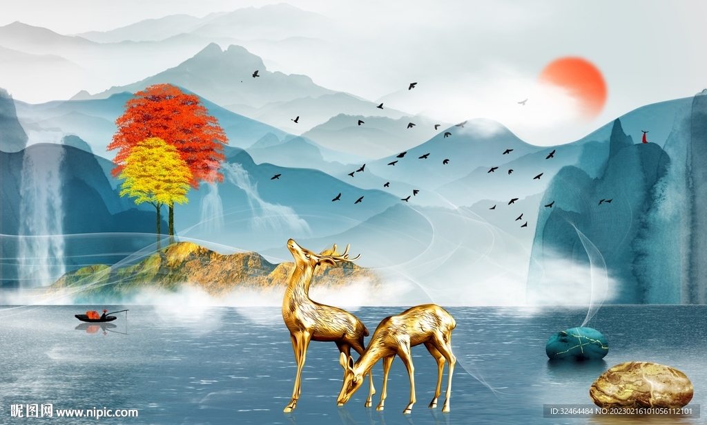 石来运转麋鹿山水发财树
