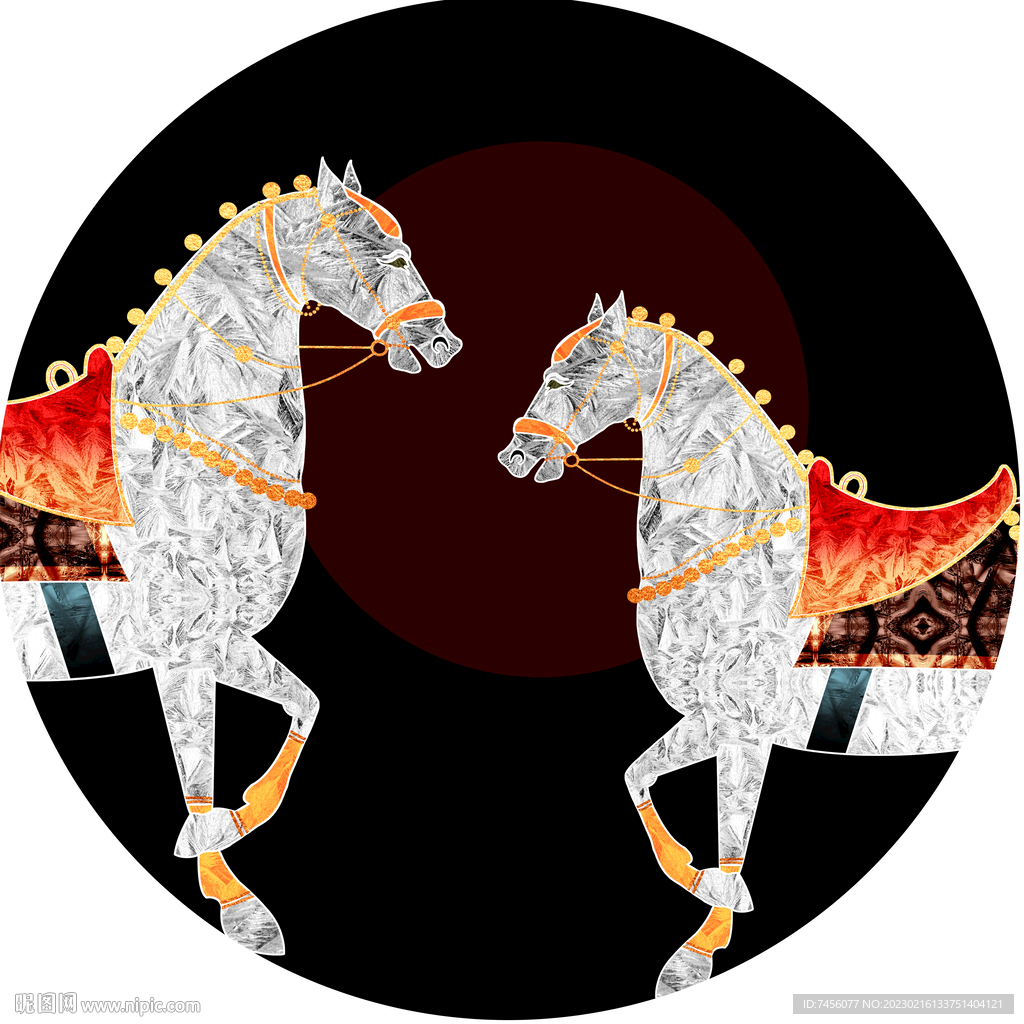 骏马水彩高清圆形挂画装饰画