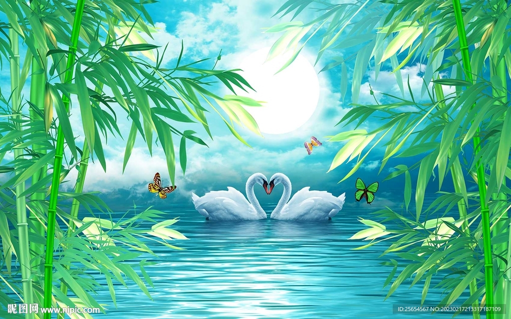 幽静夜色美景竹林背景墙