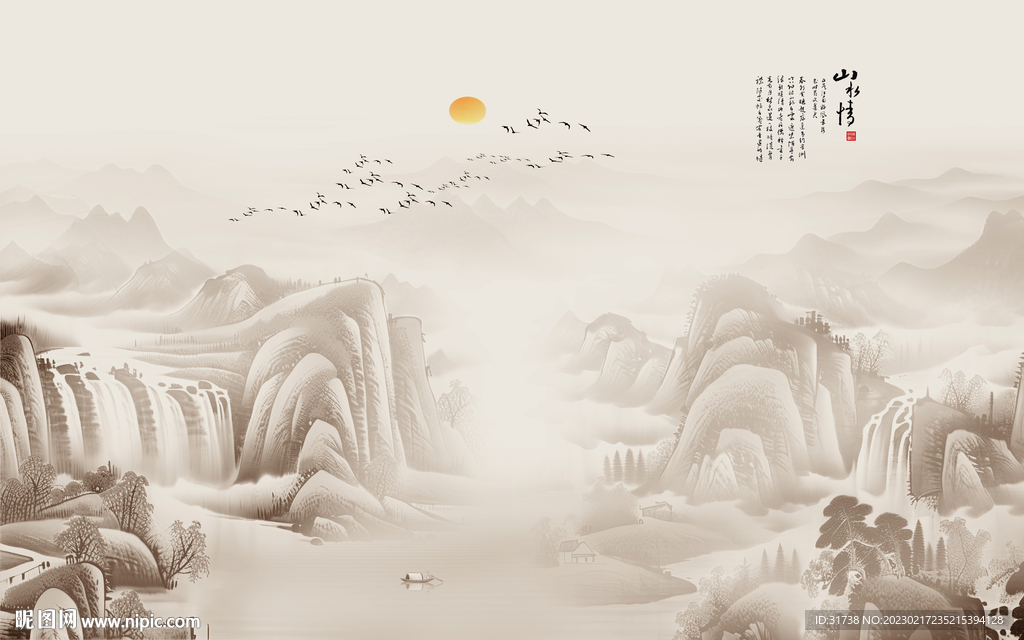中式餐厅花鸟画背景墙