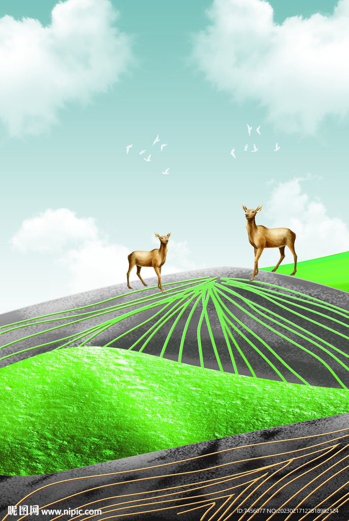 山峦麋鹿美景挂画装饰画