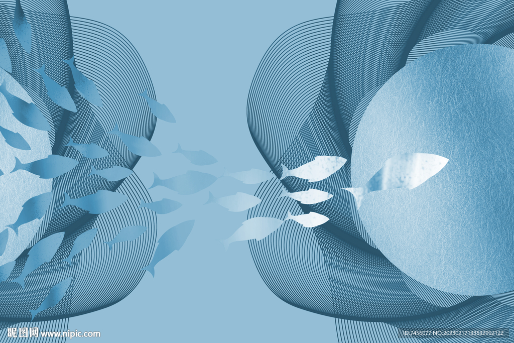 游鱼简约蓝色背景挂画装饰画