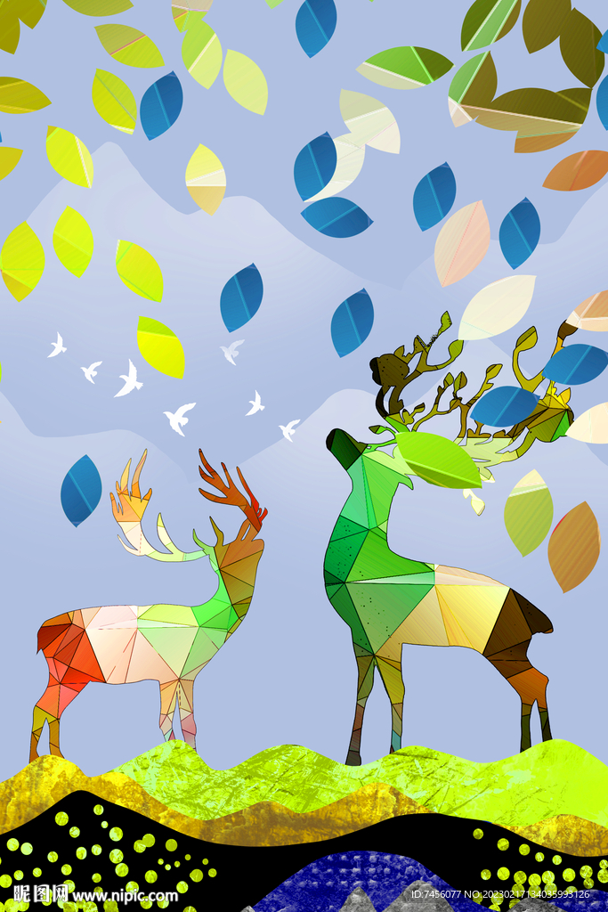 麋鹿树叶水彩挂画装饰画