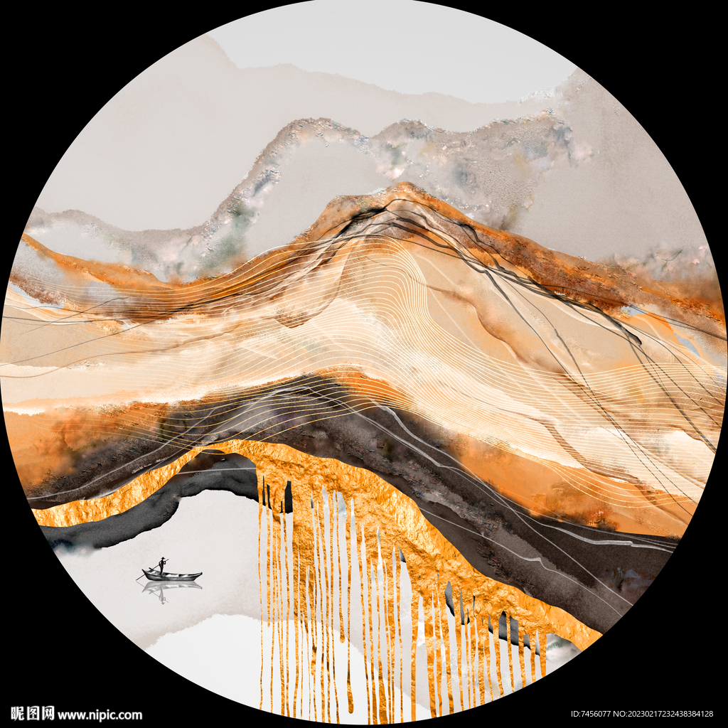 山水湖畔圆形挂画装饰画