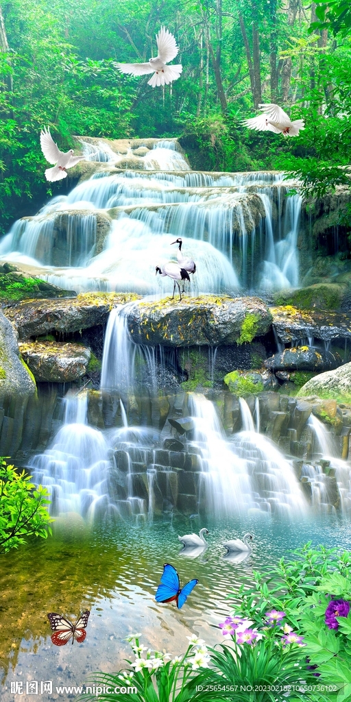 瀑布风景画流水生财玄关