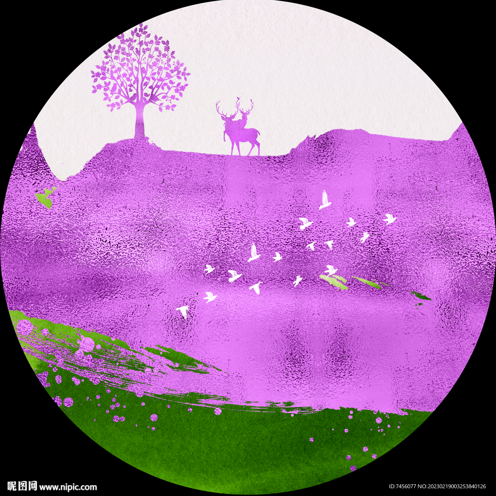 飞鸟大树紫色圆形挂画装饰画