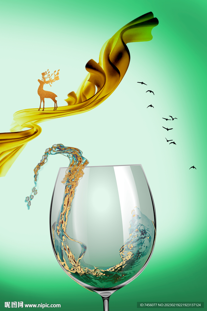 飞鸟酒杯麋鹿绸布挂画装饰画