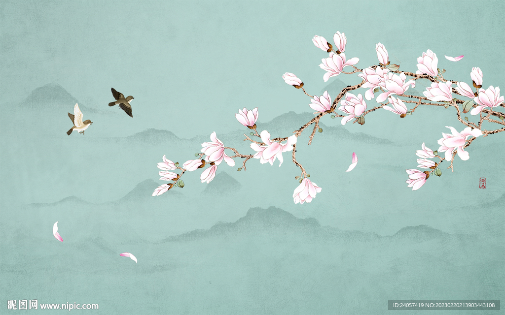 新中式玉兰工笔花鸟背景墙装饰画