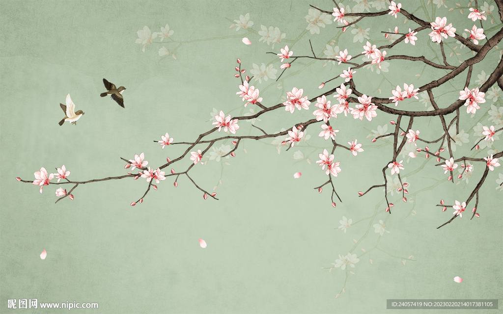 新中式玉兰工笔花鸟背景墙