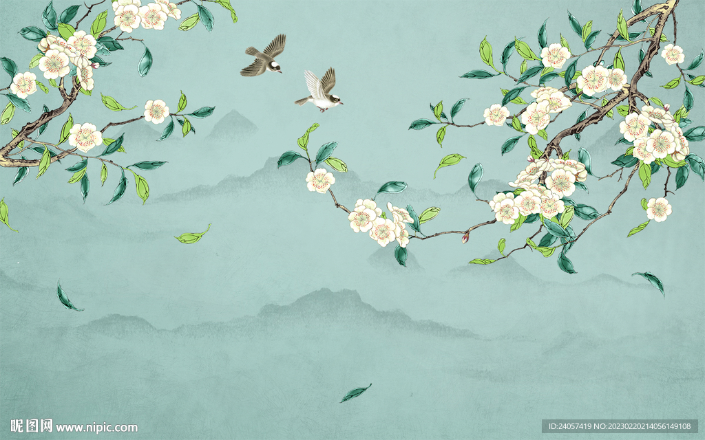 新中式梨花工笔花鸟背景墙装饰画