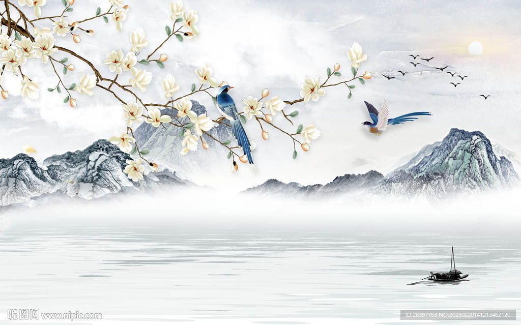新中式花鸟山水背景