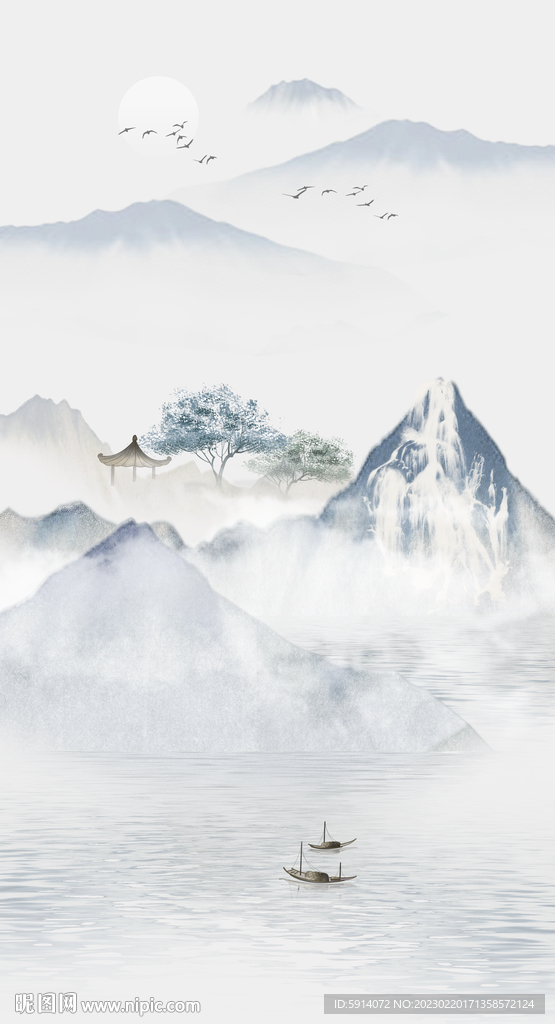 水墨山水画装饰画 日出