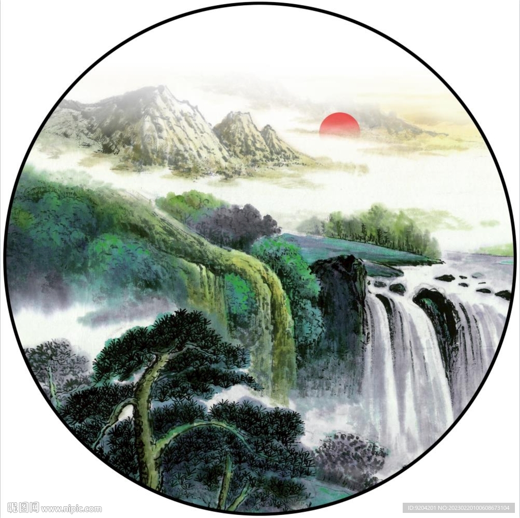 水墨国画山水圆形装饰画