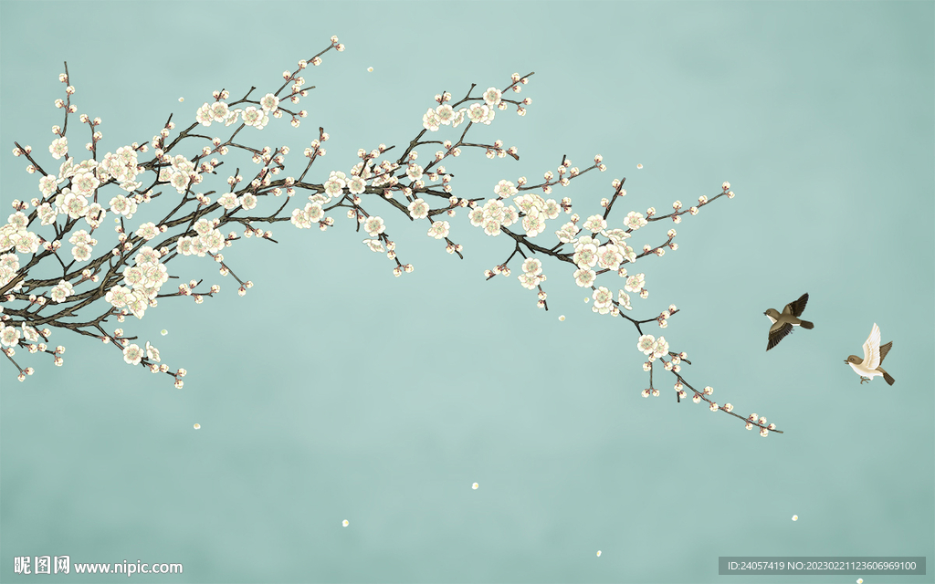 新中式工笔花鸟梅花背景墙装饰画