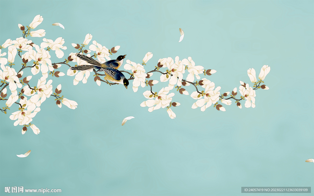 新中式工笔花鸟白玉兰背景墙