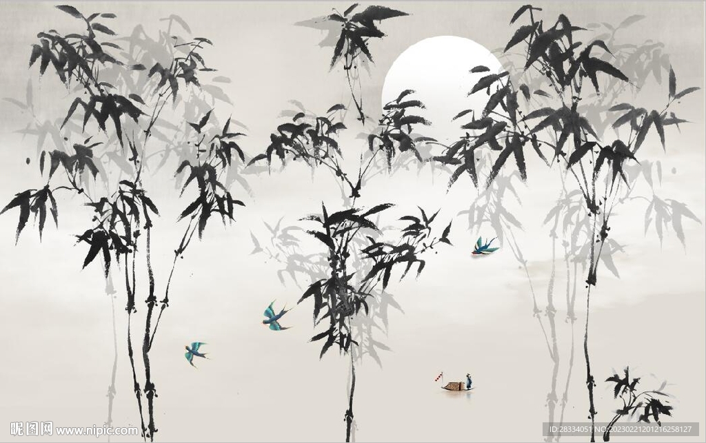 新中式水墨竹林风景背景墙壁画
