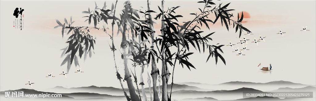 新中式水墨竹林风景背景墙壁画