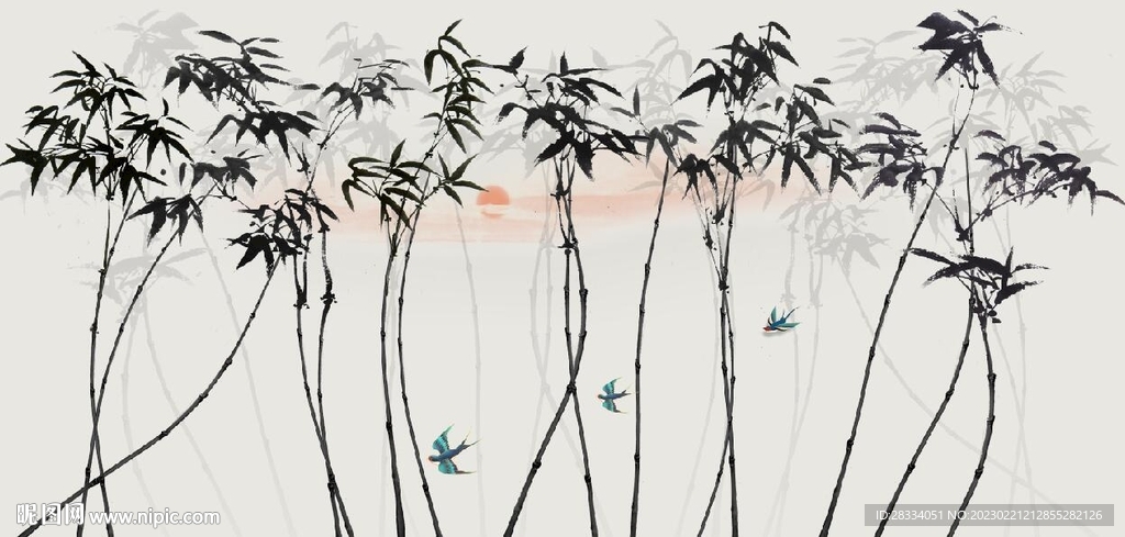 新中式水墨竹林风景背景墙壁画