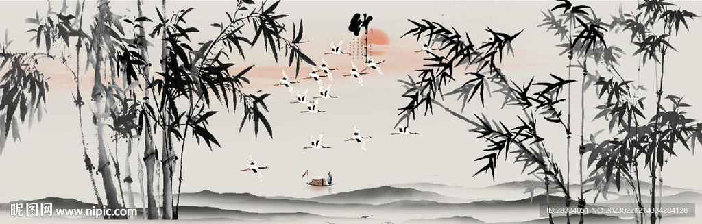 新中式水墨竹林风景背景墙壁画