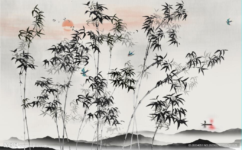 新中式水墨竹林风景背景墙壁画