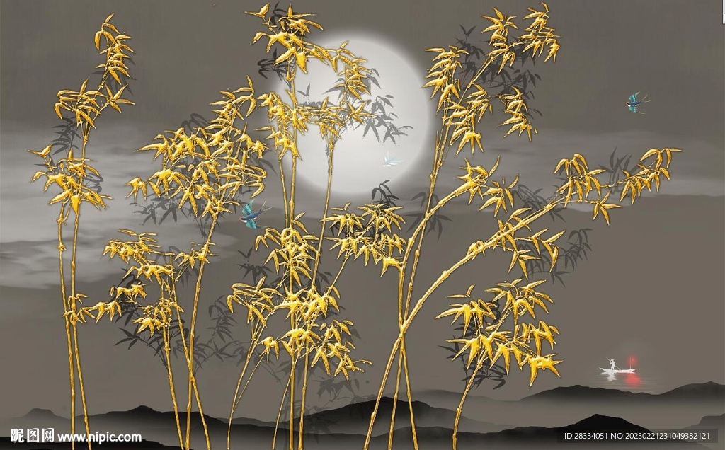 新中式金色竹林风景背景墙壁画