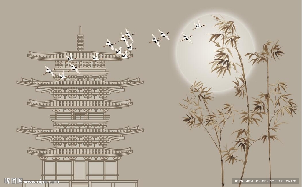 新中式水墨竹林风景背景墙壁画