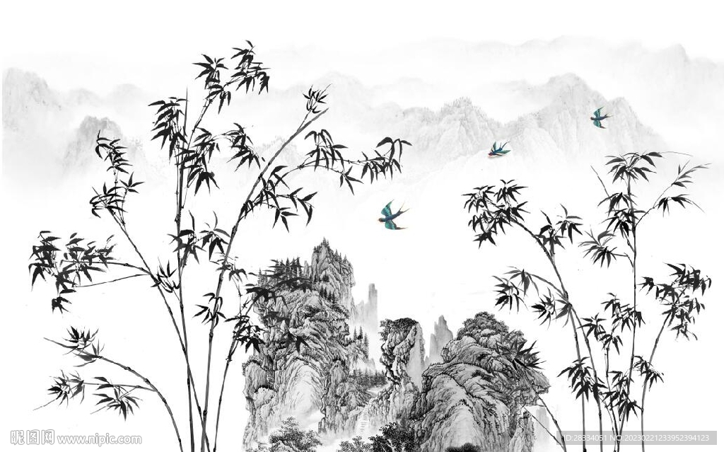 新中式水墨竹林风景背景墙壁画