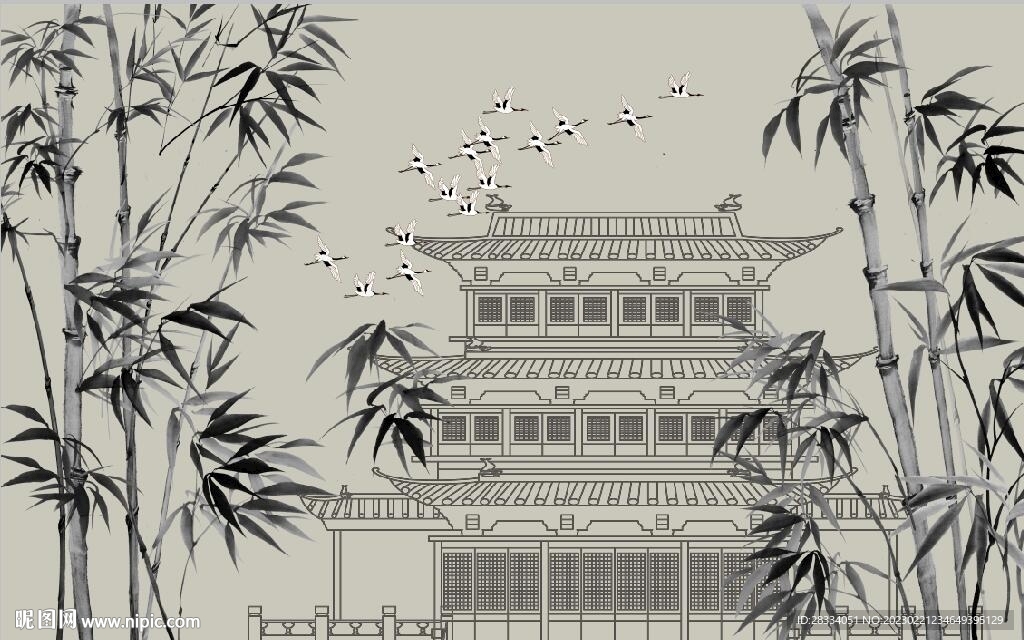 新中式水墨竹林风景背景墙壁画