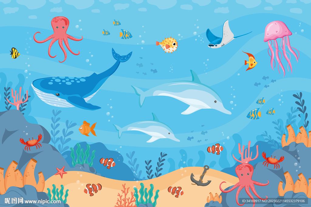 手绘海底卡通海洋动物鲸鱼背景墙