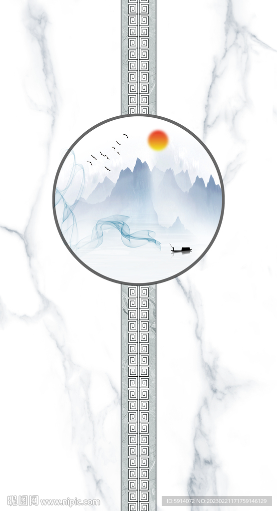 灰白根大理石玄关背景墙 山水画