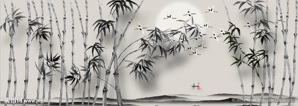 新中式水墨竹林风景背景墙壁画