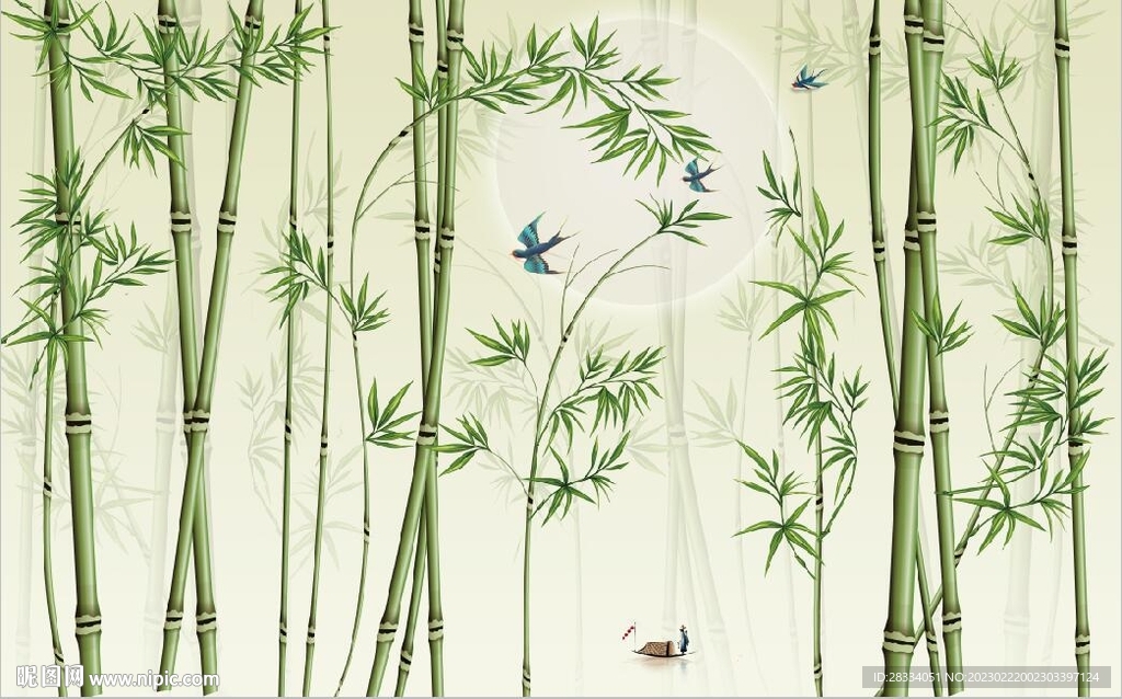 新中式绿竹山水风景背景墙壁画