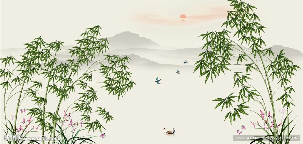 新中式仿古山水竹林背景墙壁画