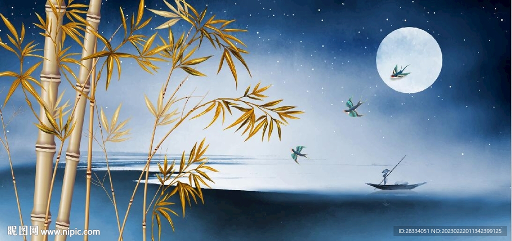 新中式竹林月月色背景墙壁画