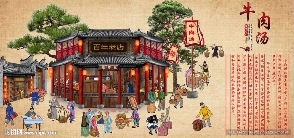 复古古代牛肉汤背景墙壁画