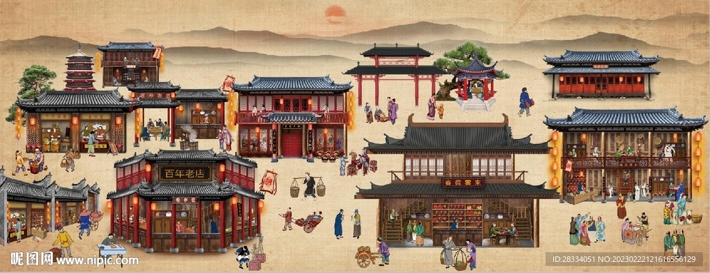 古代市井集市饭馆背景墙壁画