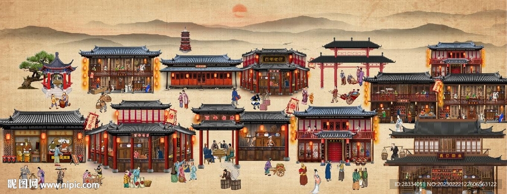 古代市井集市饭馆背景墙壁画