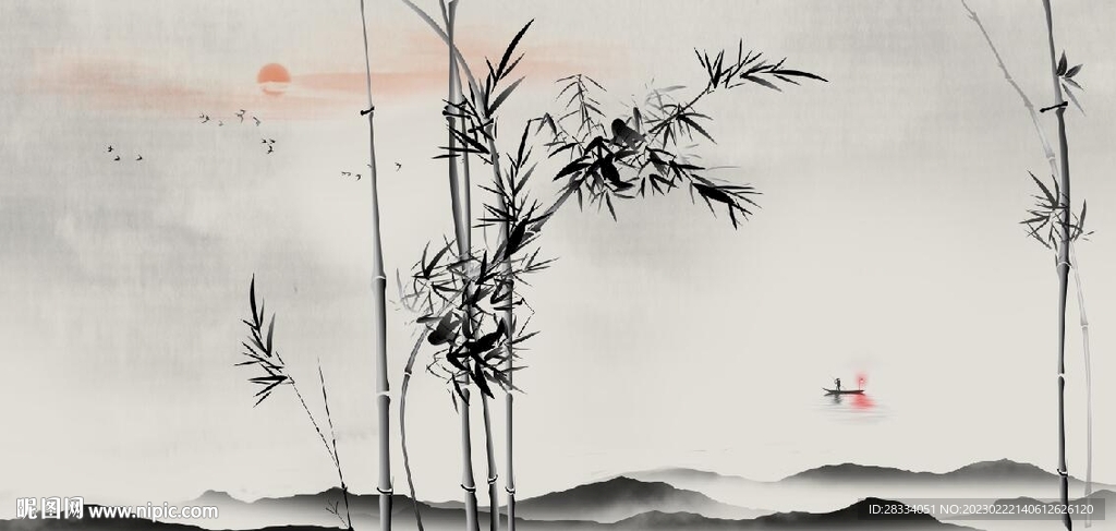 新中式水墨竹林风景背景墙壁画