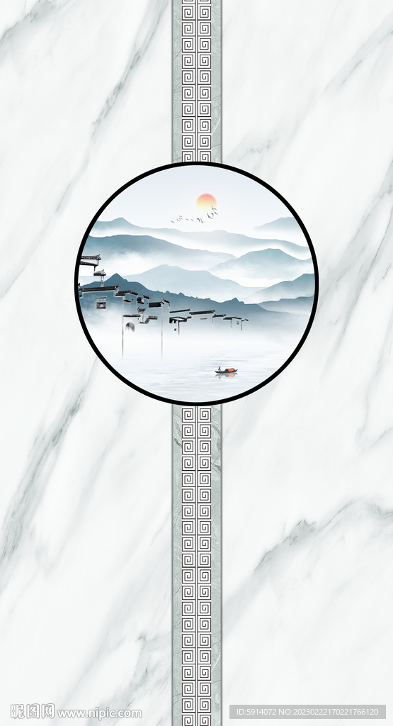 灰白根大理石玄关背景墙 山水画