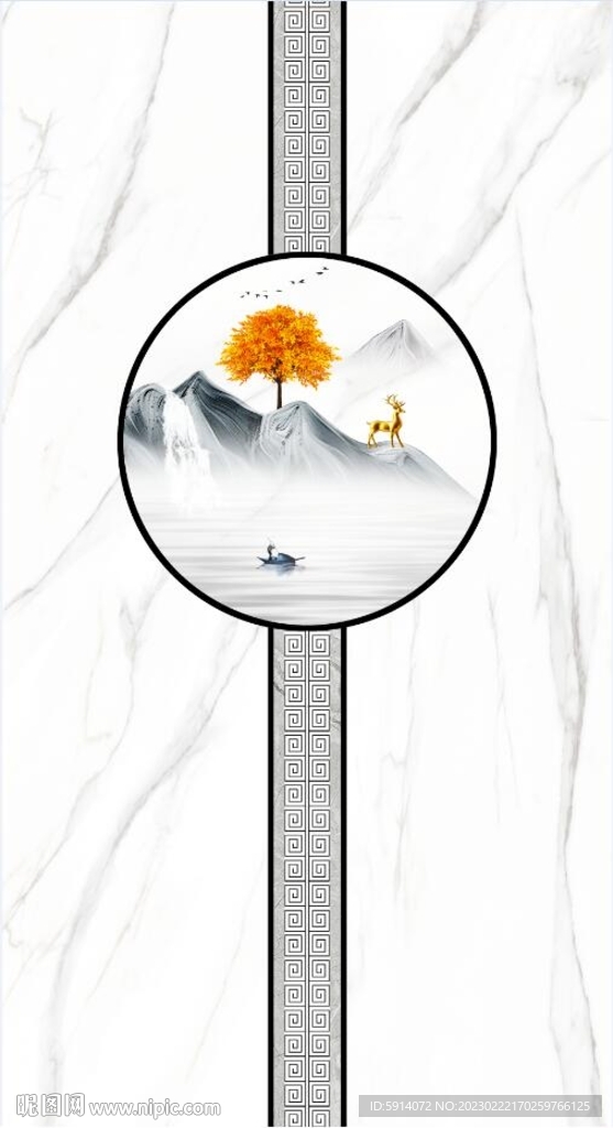 灰白根大理石玄关背景墙 山水画