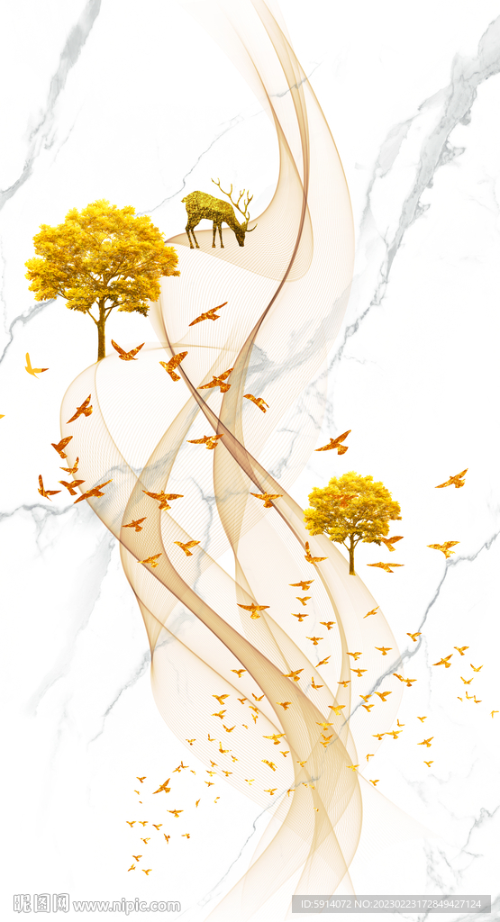 灰白根大理石玄关背景墙抽象弧线