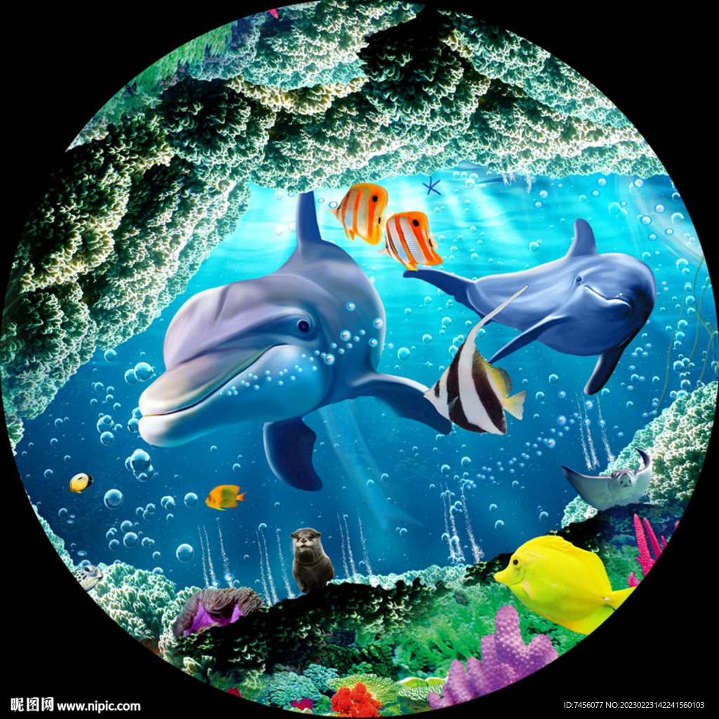 海景海豚水彩圆形挂画装饰画