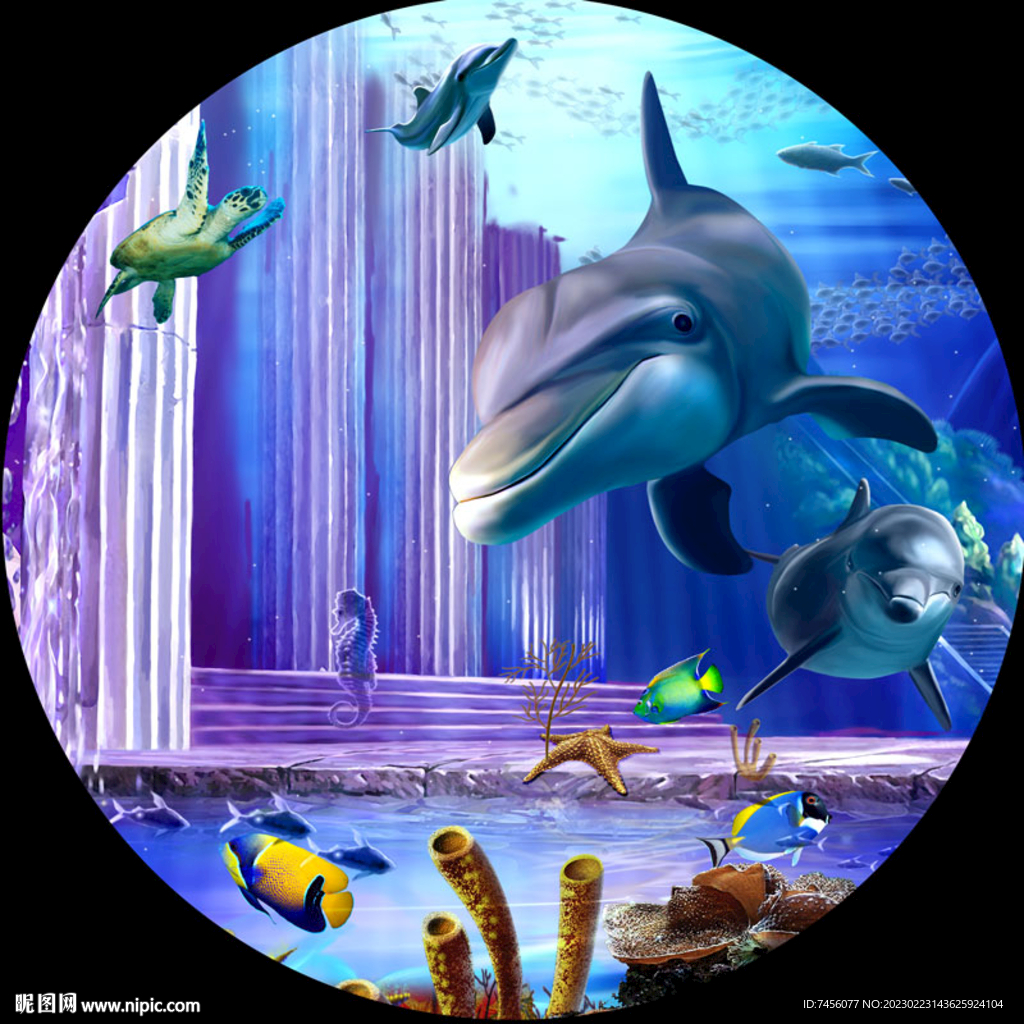 海豚海景游鱼圆形挂画装饰画