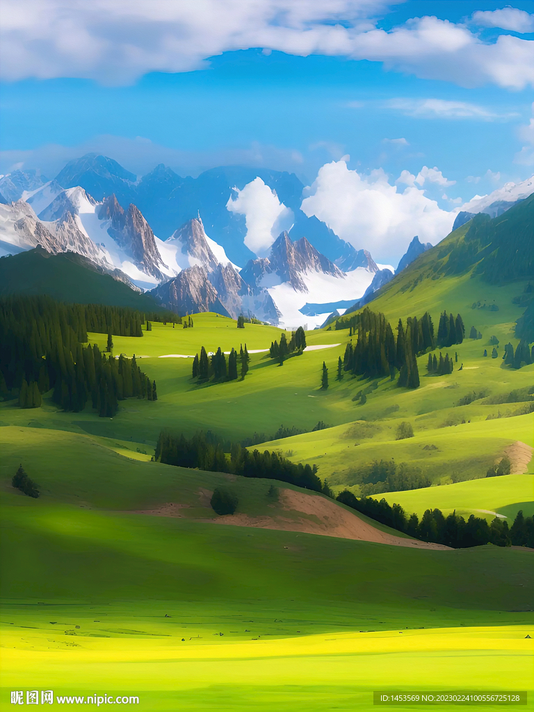 蓝天白云雪山草地