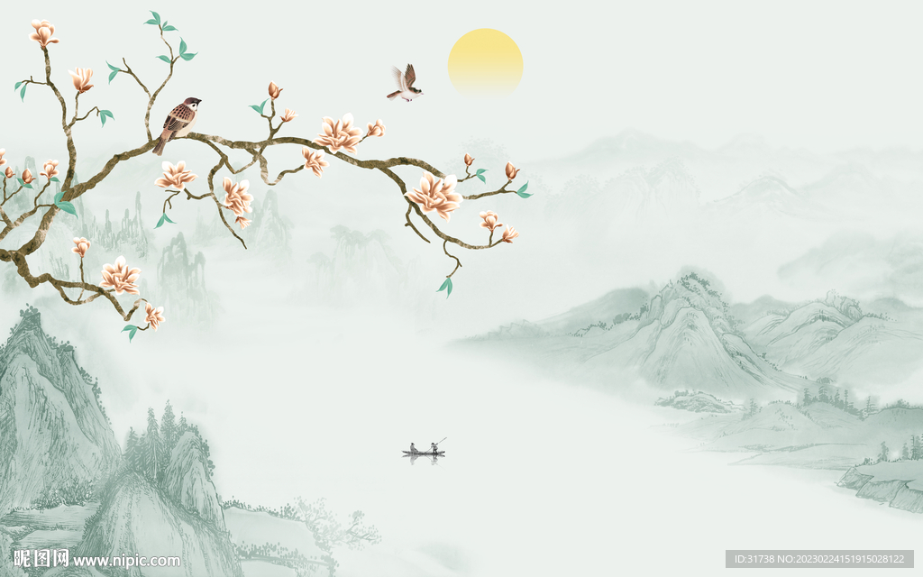 新中式工笔花鸟画背景墙