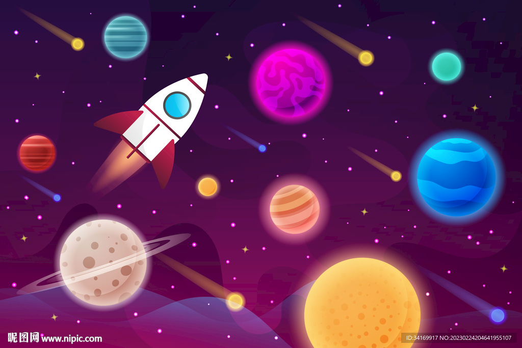 梦幻外太空彩色星球卡通火箭背景